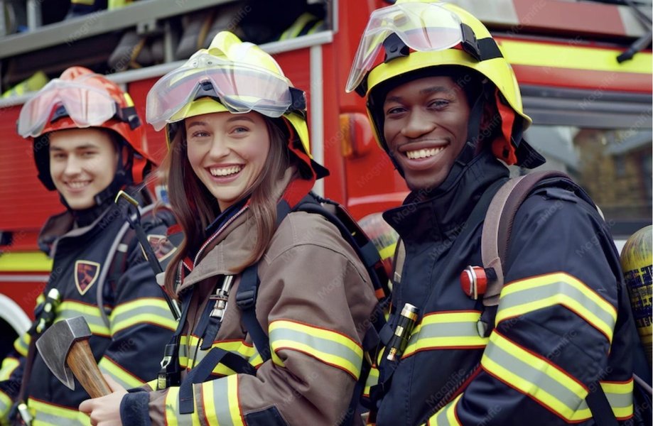 Three smiling firefighters in turnout gear in front of a fire truck